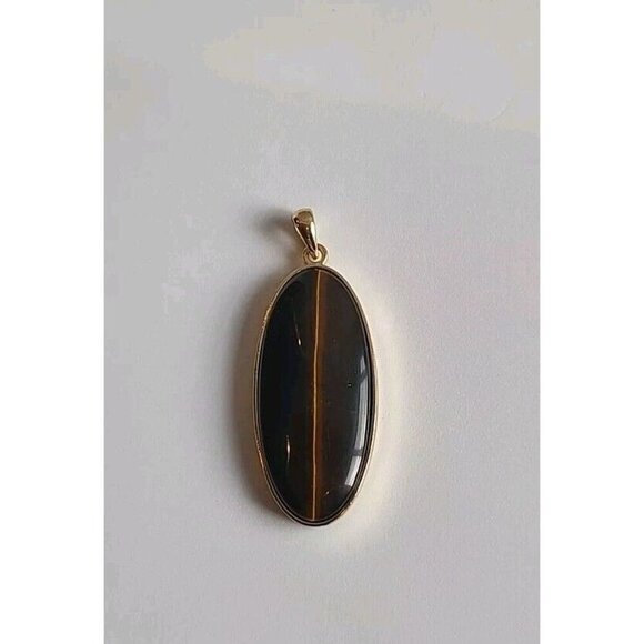 Tiger’s Eye Natural Stone Pendant Handmade Oval Shiny Gold Tone Setting - Picture 10 of 12